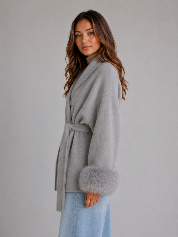 Women's Belted Wool Blend Coat – Faux Fur Trim Wrap Coat