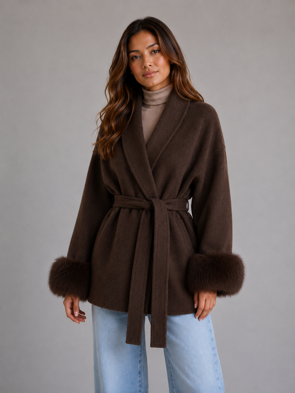 Women's Belted Wool Blend Coat – Faux Fur Trim Wrap Coat