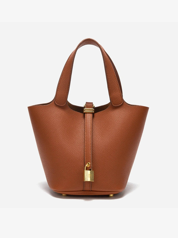 Women’s Leather Bucket Bag – Gold Details Classic Style