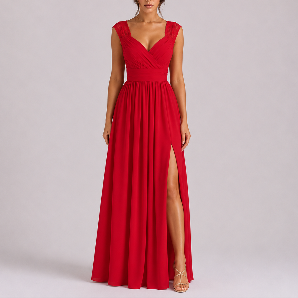 Women’s Elegant Lace Shoulder Maxi Dress with Side Slit