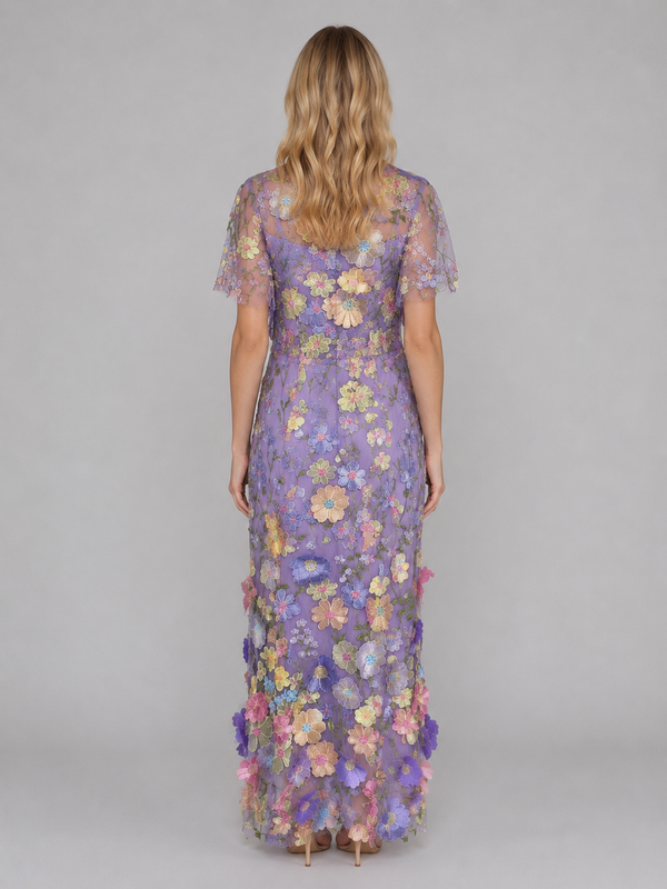 Women's 3D Floral Embroidered Tulle Maxi Dress – Elegant Occasion Gown