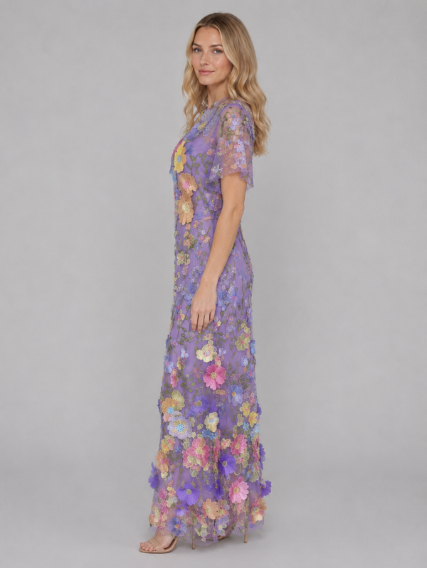 Women's 3D Floral Embroidered Tulle Maxi Dress – Elegant Occasion Gown