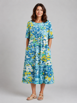 Women's Abstract Print Midi Dress with Pockets – Summer Holiday Style