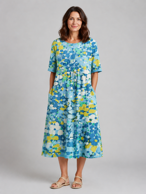 Women's Abstract Print Midi Dress with Pockets – Summer Holiday Style