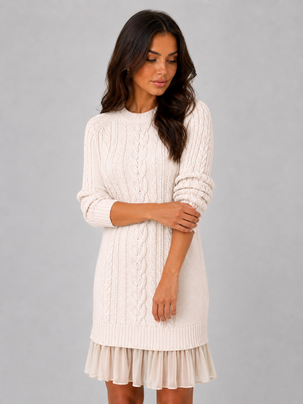 Women's Cable Knit Jumper Mini Dress – Pleated Hem Long Sleeve