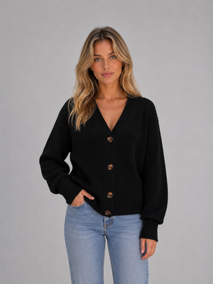 Women's Chunky Knit Cardigan – Button Front V-Neck Soft Ribbed Jumper
