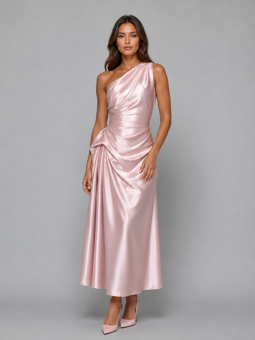 Women's One Shoulder Satin Look Midi Dress – Ruched Evening Dress