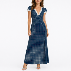 Women’s Summer Polka Dot Midi Dress with Lace Trim V-Neck
