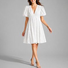 Women’s White Floral Midi Dress with V-Neck